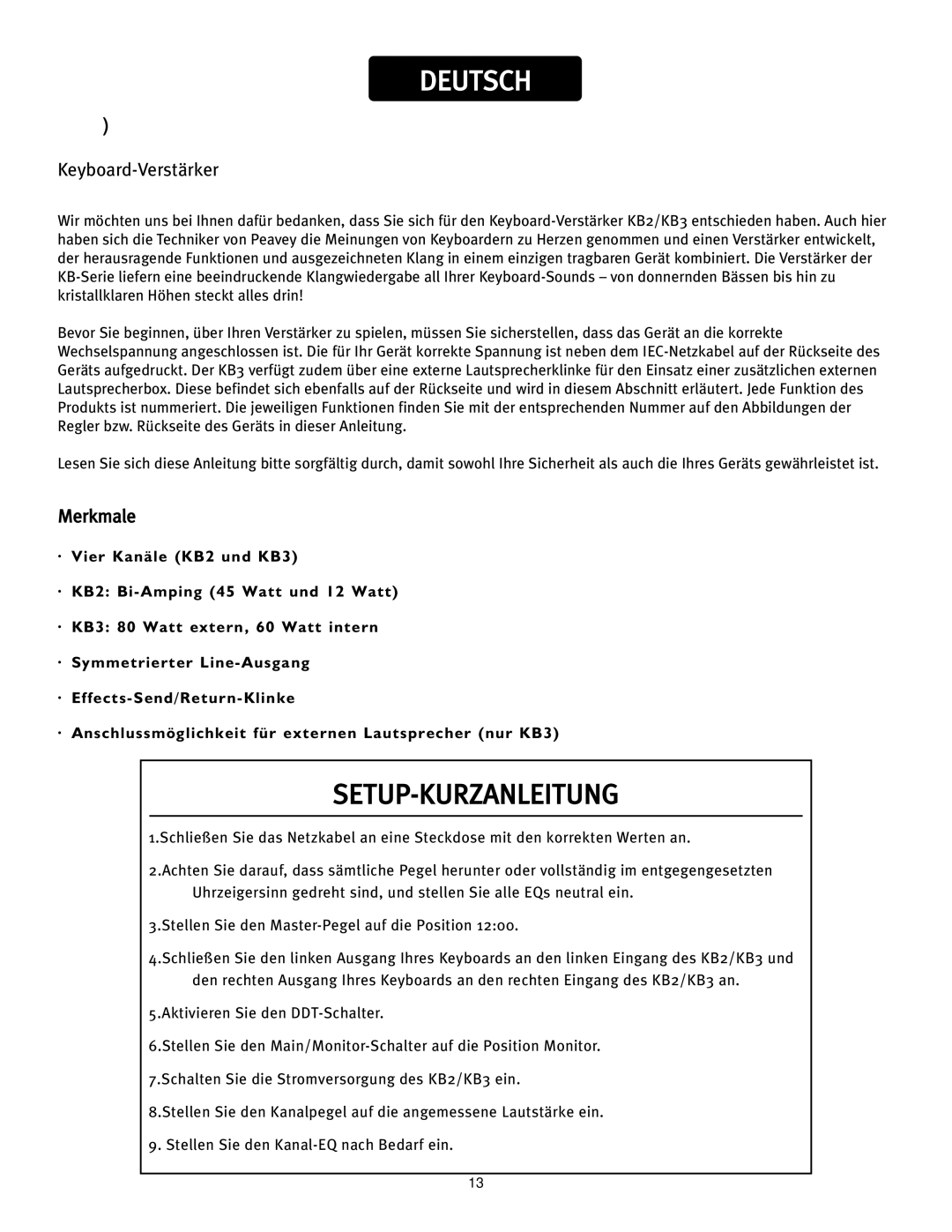 Peavey KB2, KB3 owner manual Setup-Kurzanleitung, Keyboard-Verstärker, Merkmale 