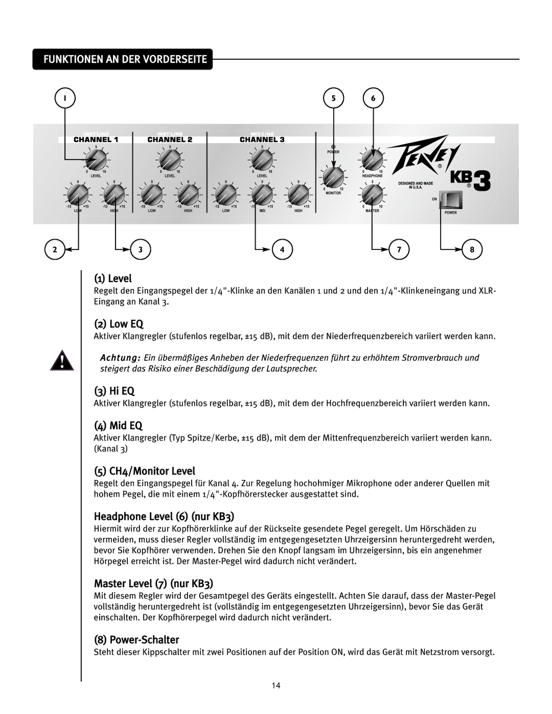 Peavey KB2 owner manual Funktionen AN DER Vorderseite, Headphone Level 6 nur KB3, Master Level 7 nur KB3, Power-Schalter 