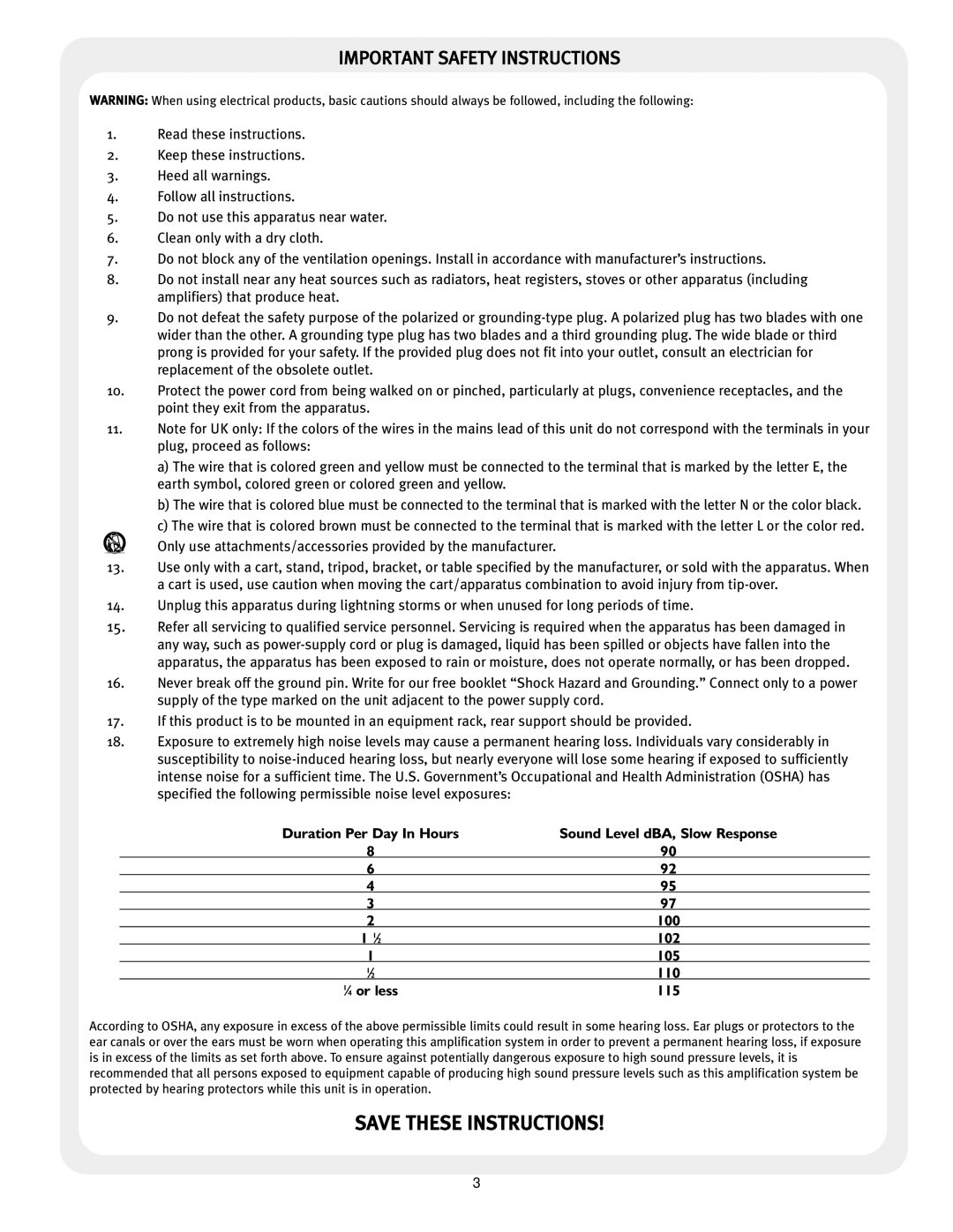 Peavey KB2, KB3 owner manual Important Safety Instructions 