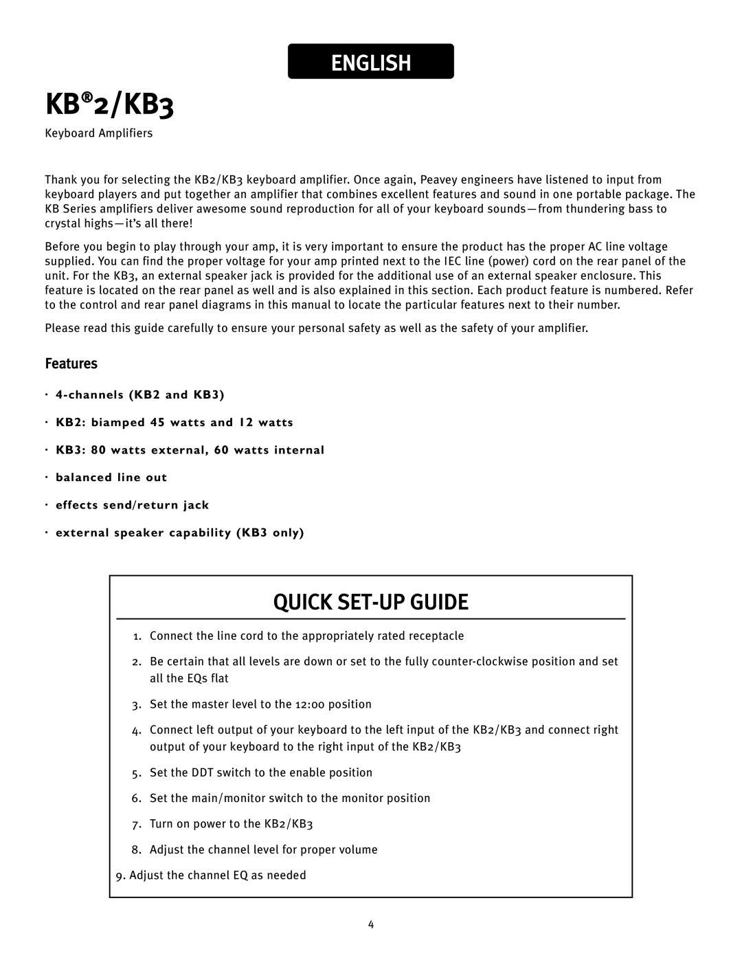 Peavey KB3, KB2 owner manual Quick SET-UP Guide, Features 