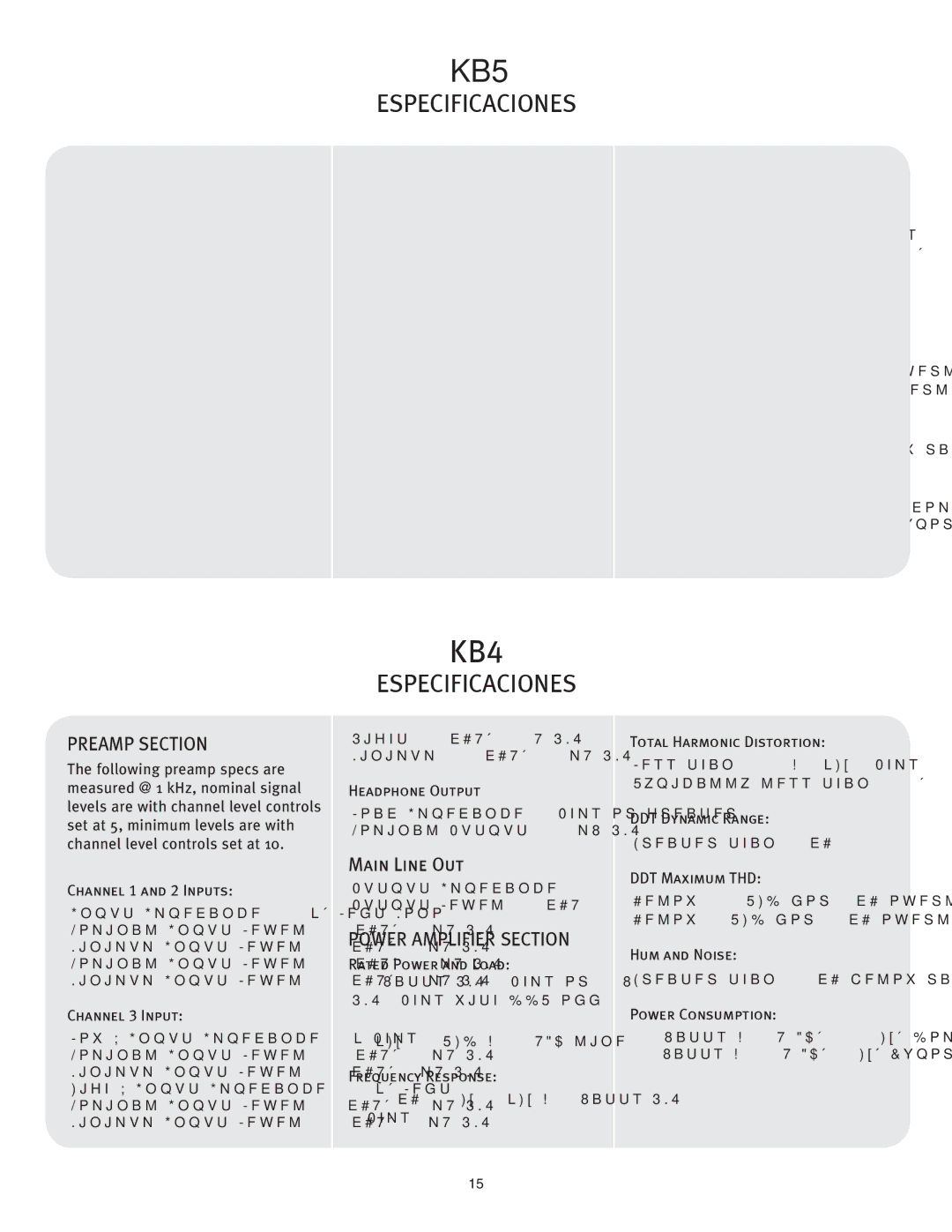 Peavey KB4/KB5 owner manual Especificaciones 