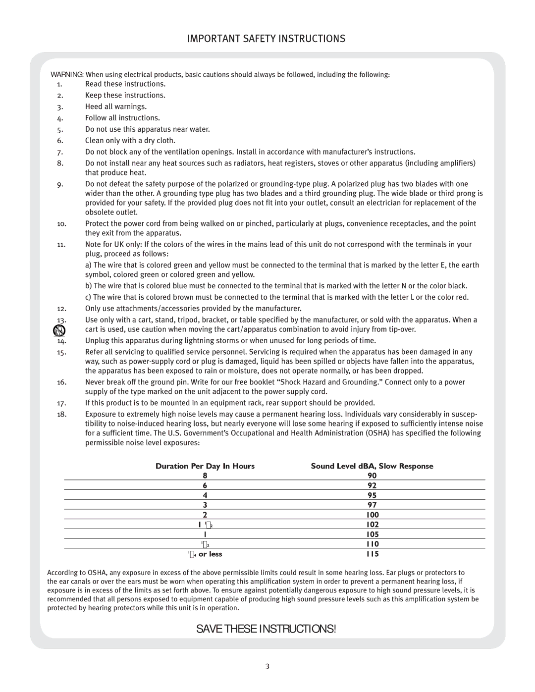 Peavey KB4/KB5 owner manual Important Safety Instructions, ⁄ 4 or less 