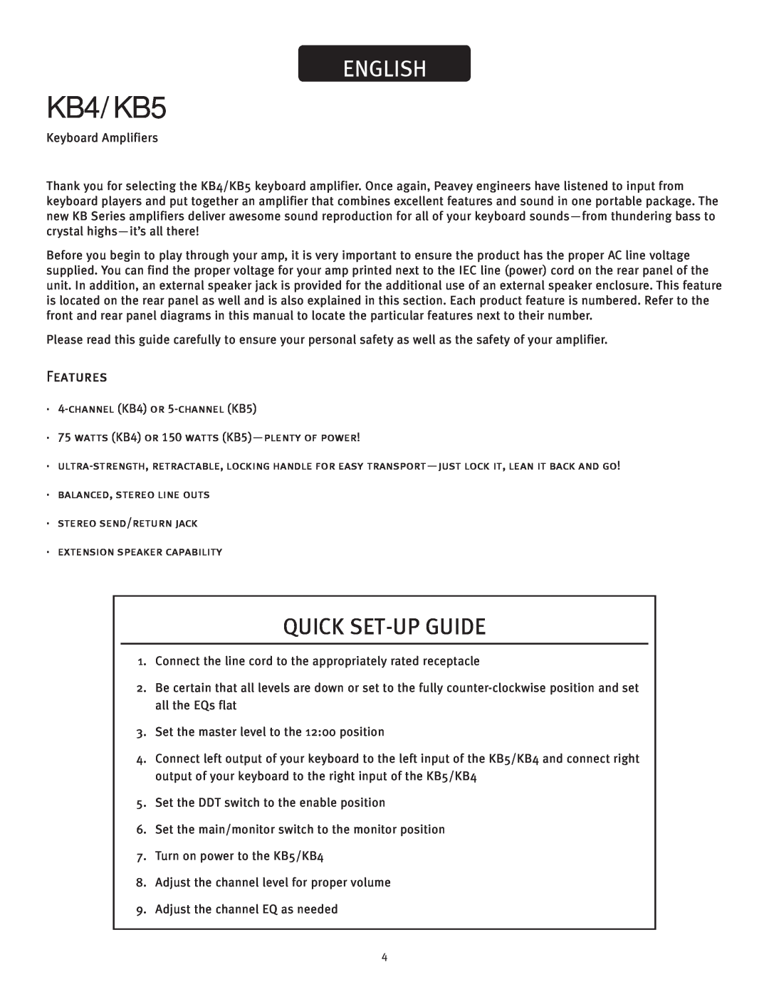 Peavey KB4/KB5 owner manual English, Quick Set-Up Guide, Features 