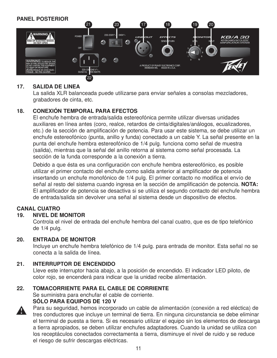 Peavey KB/A 30 manual Panel Posterior Salida DE Línea, Conexión Temporal Para Efectos, Canal Cuatro Nivel DE Monitor 