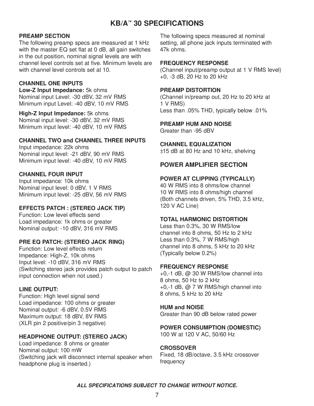 Peavey manual KB/A 30 Specifications, Power Amplifier Section 