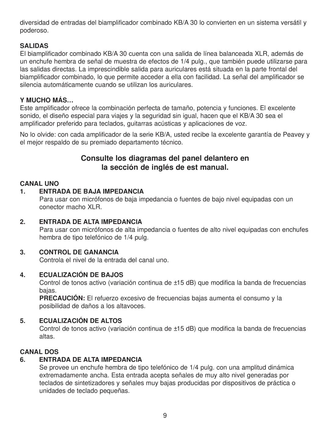 Peavey KB/A 30 Salidas, Mucho MÁS…, Canal UNO Entrada DE Baja Impedancia, Entrada DE Alta Impedancia, Control DE Ganancia 