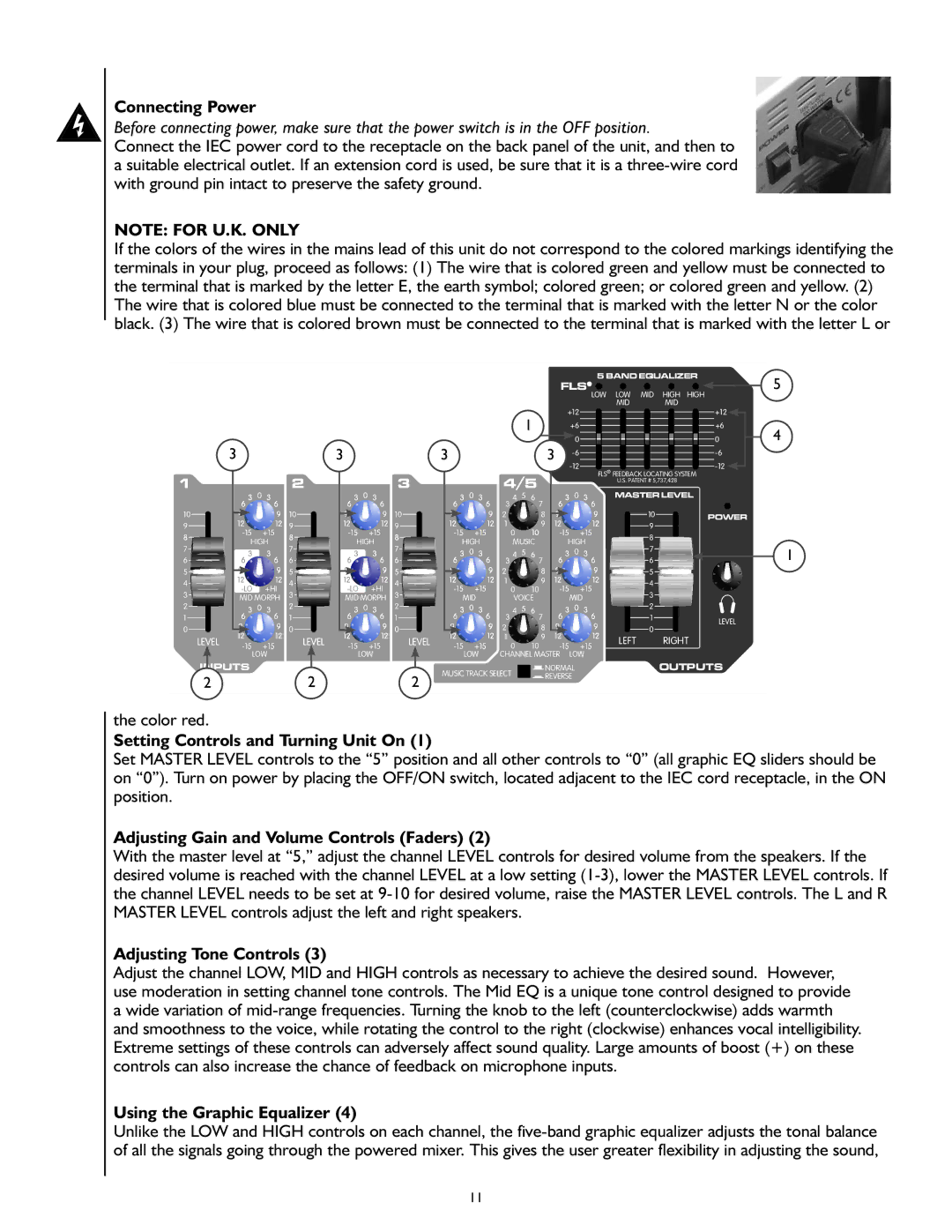 Peavey M100 manual Connecting Power, Setting Controls and Turning Unit On, Adjusting Gain and Volume Controls Faders 