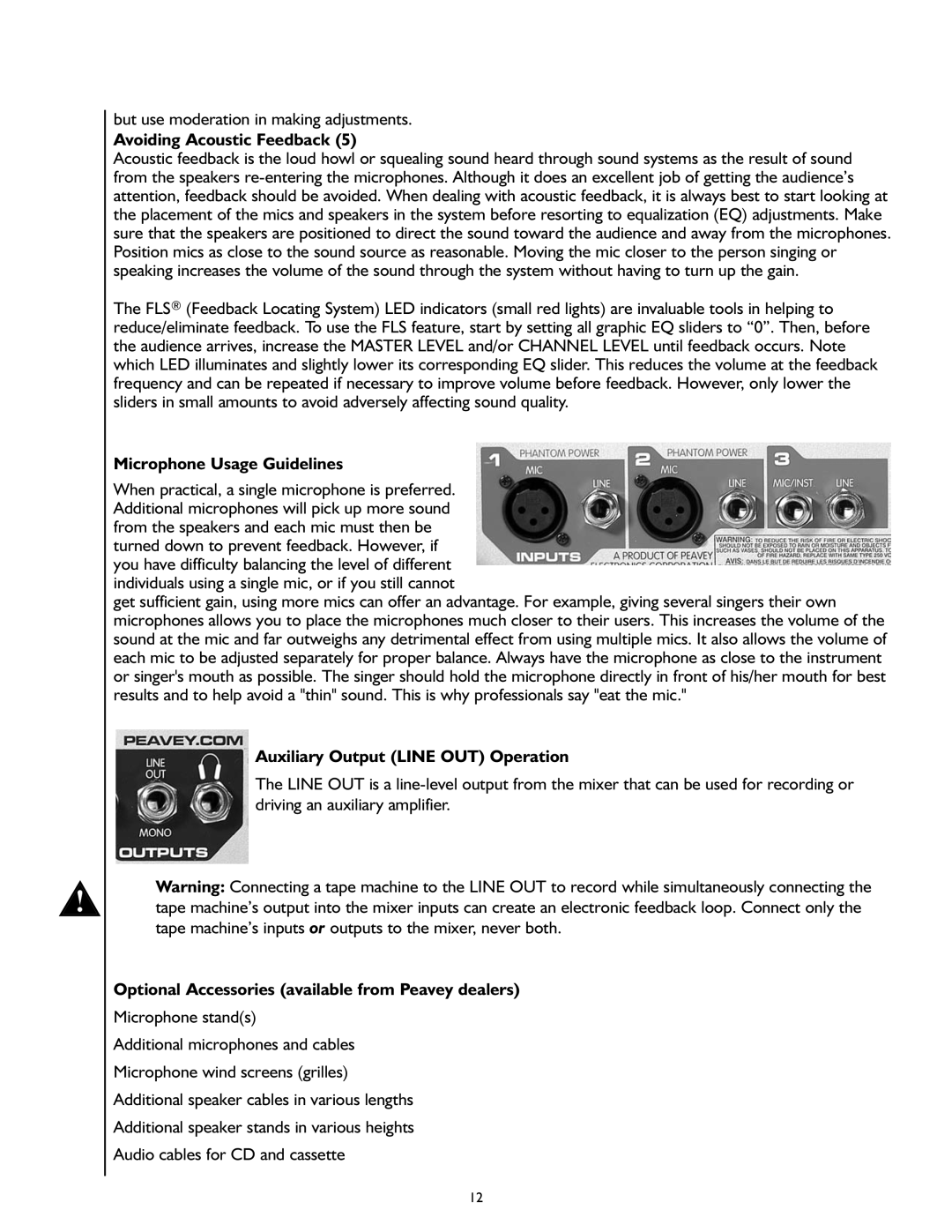 Peavey M100 manual Avoiding Acoustic Feedback, Microphone Usage Guidelines, Auxiliary Output Line OUT Operation 