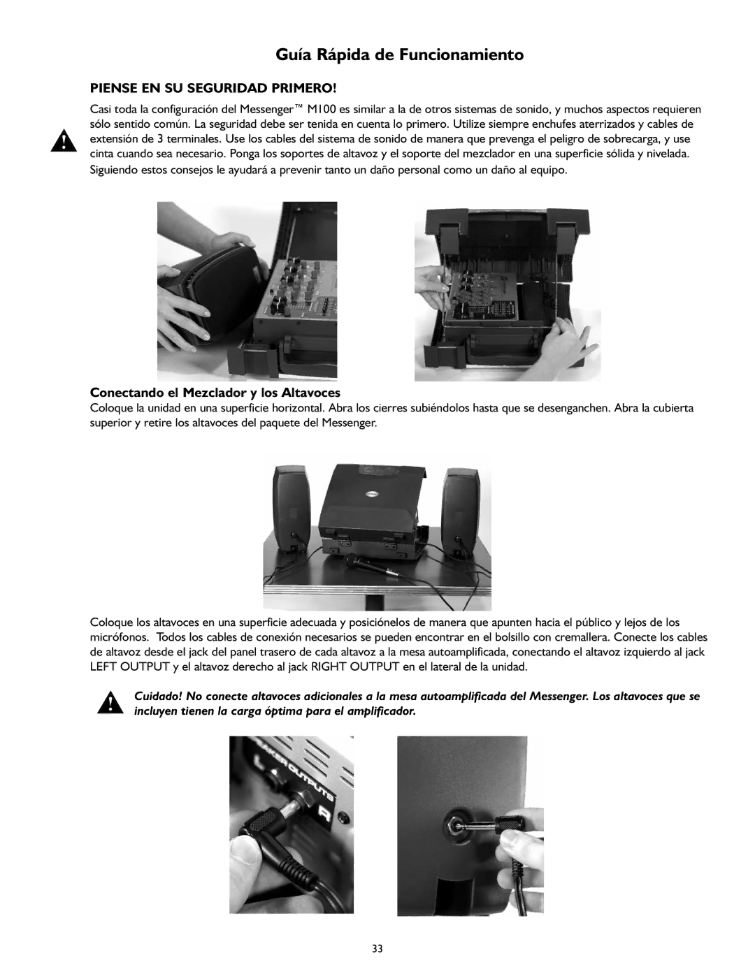 Peavey M100 manual Guía Rápida de Funcionamiento, Piense EN SU Seguridad Primero, Conectando el Mezclador y los Altavoces 