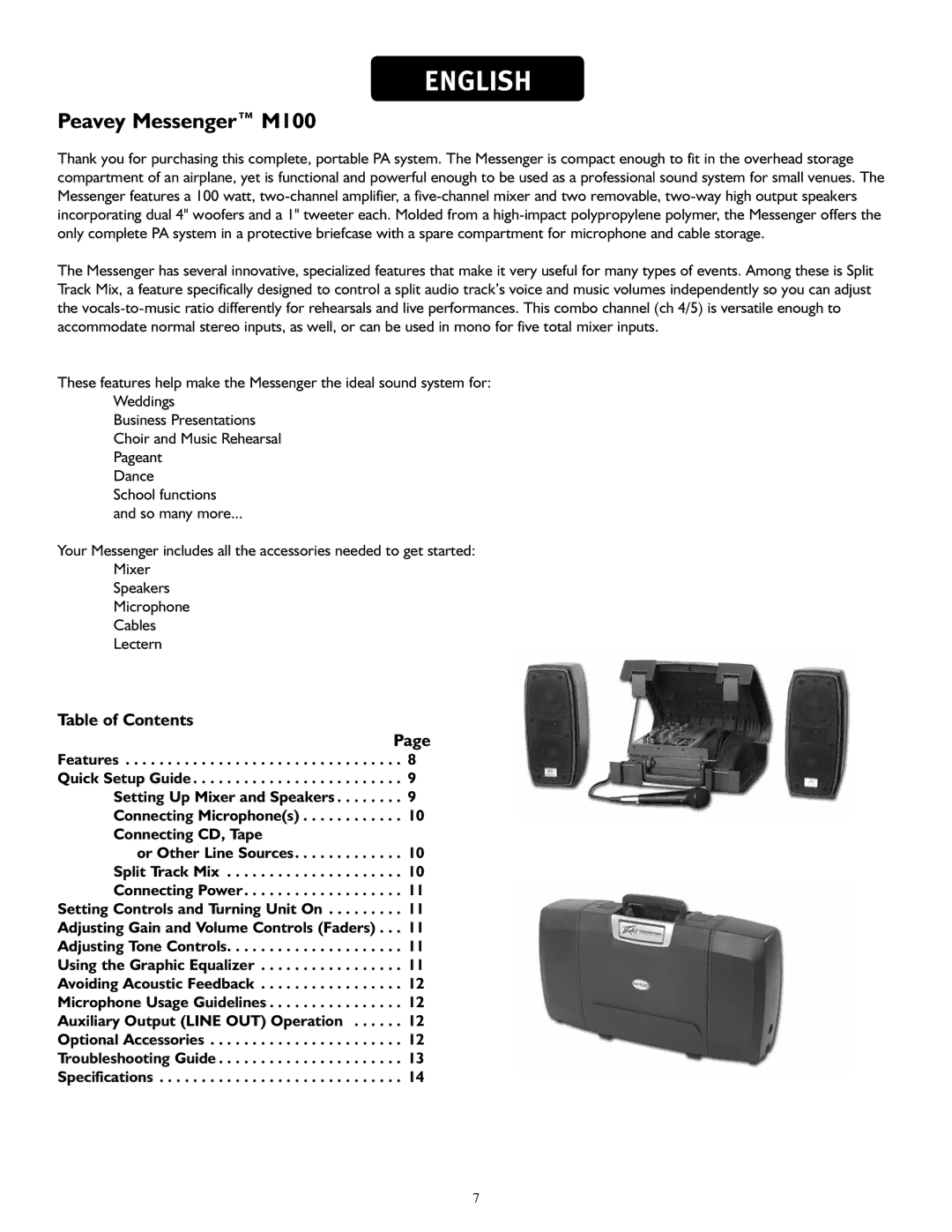 Peavey manual Peavey Messenger M100, Table of Contents 