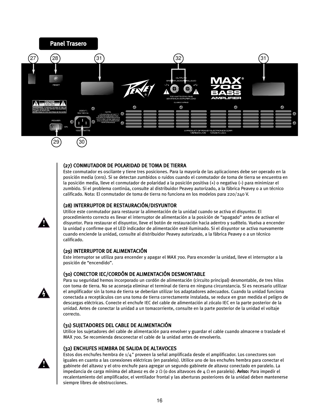 Peavey Max 700 operation manual Panel Trasero 