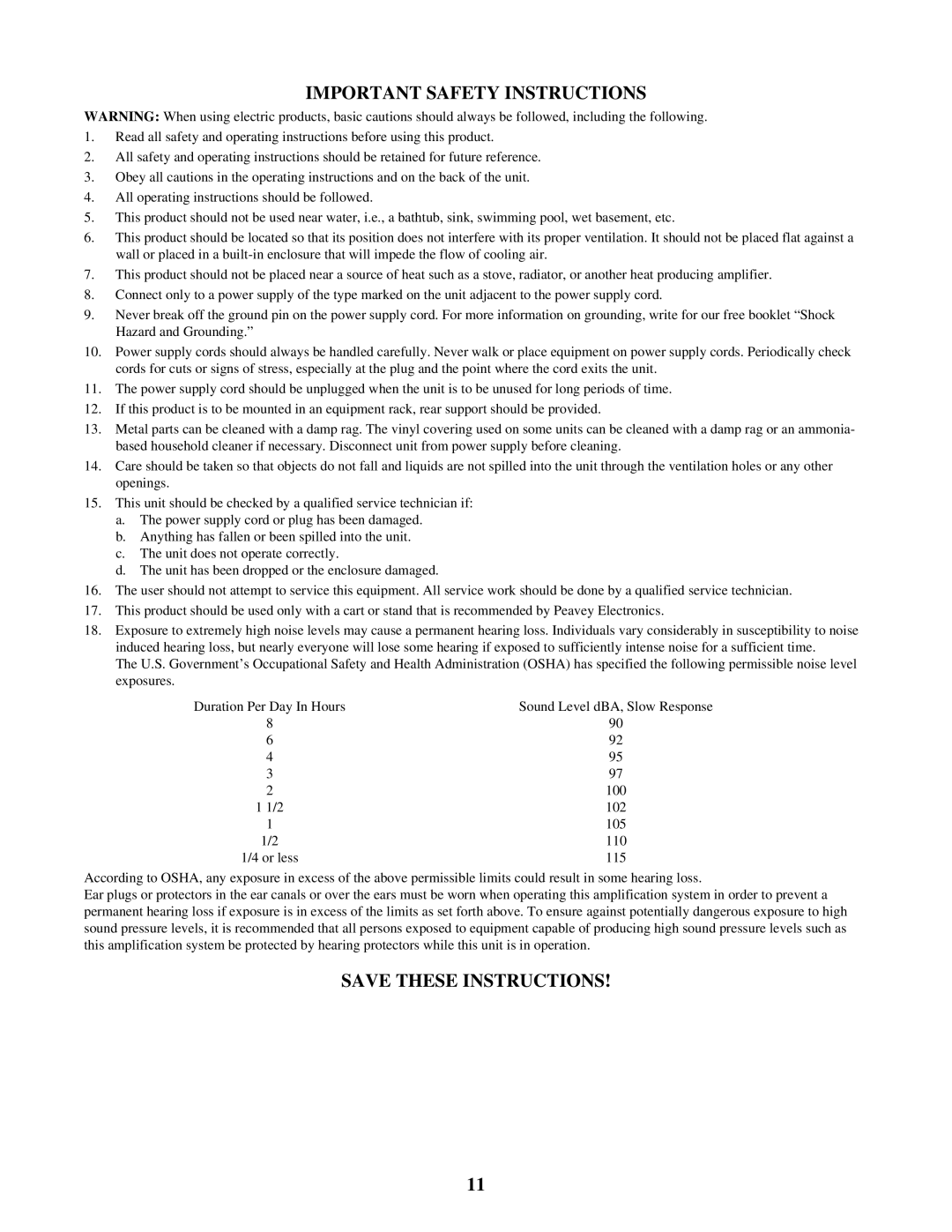 Peavey MMA 800T manual Important Safety Instructions 