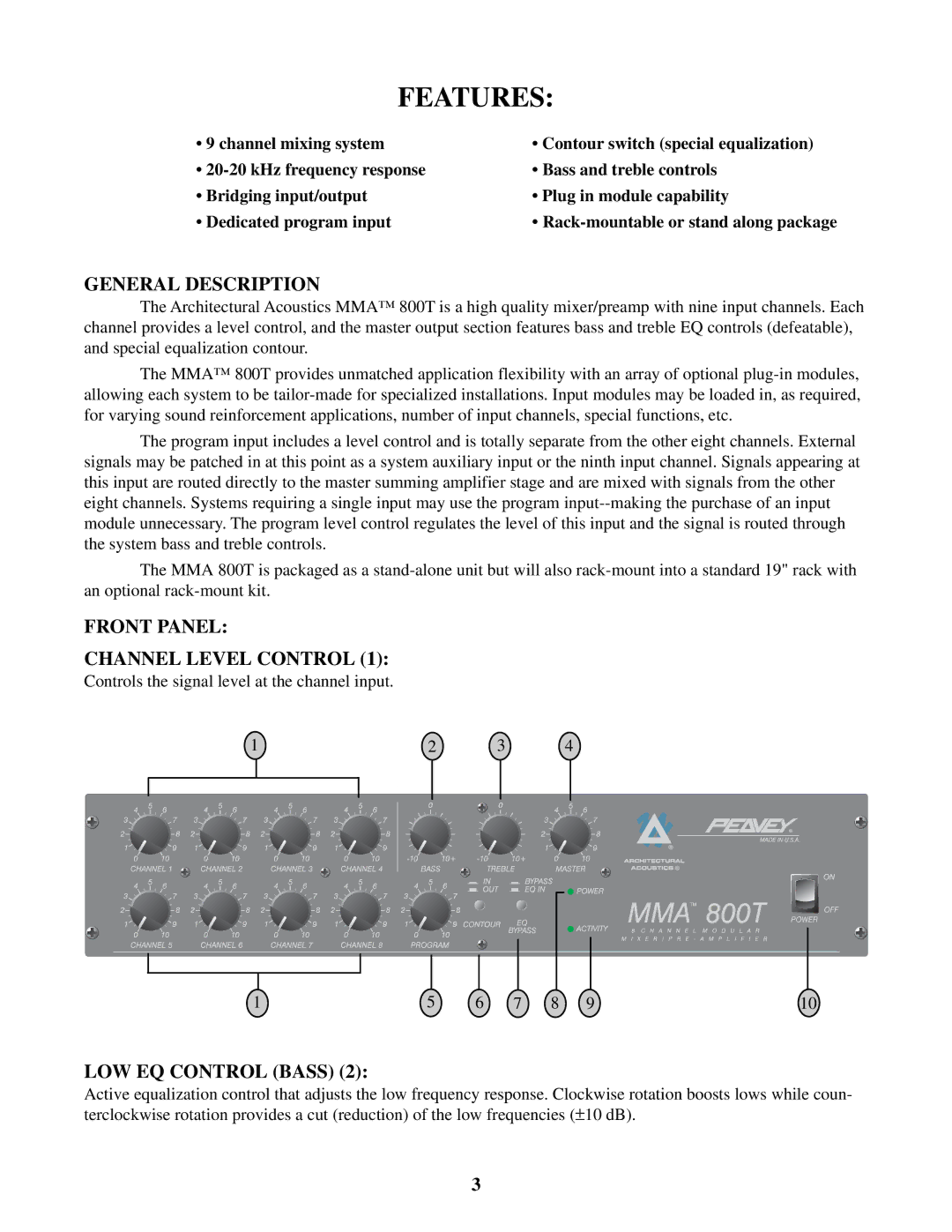 Peavey MMA 800T manual General Description, Front Panel Channel Level Control, LOW EQ Control Bass 