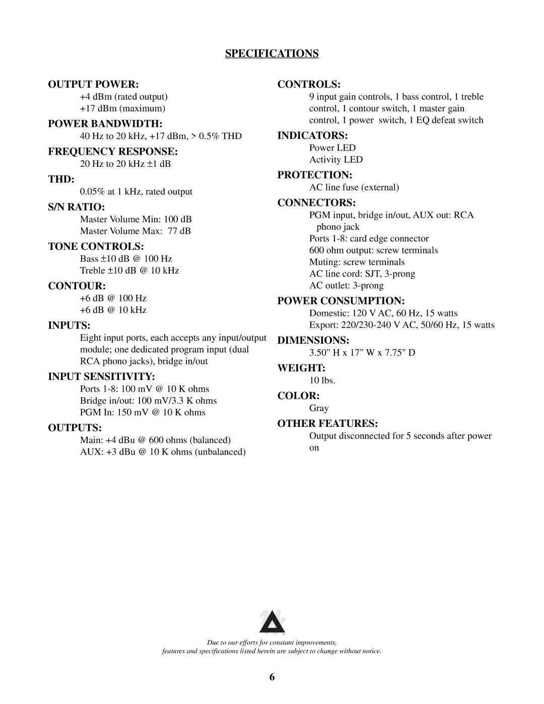 Peavey MMA 800T manual Specifications, Controls 