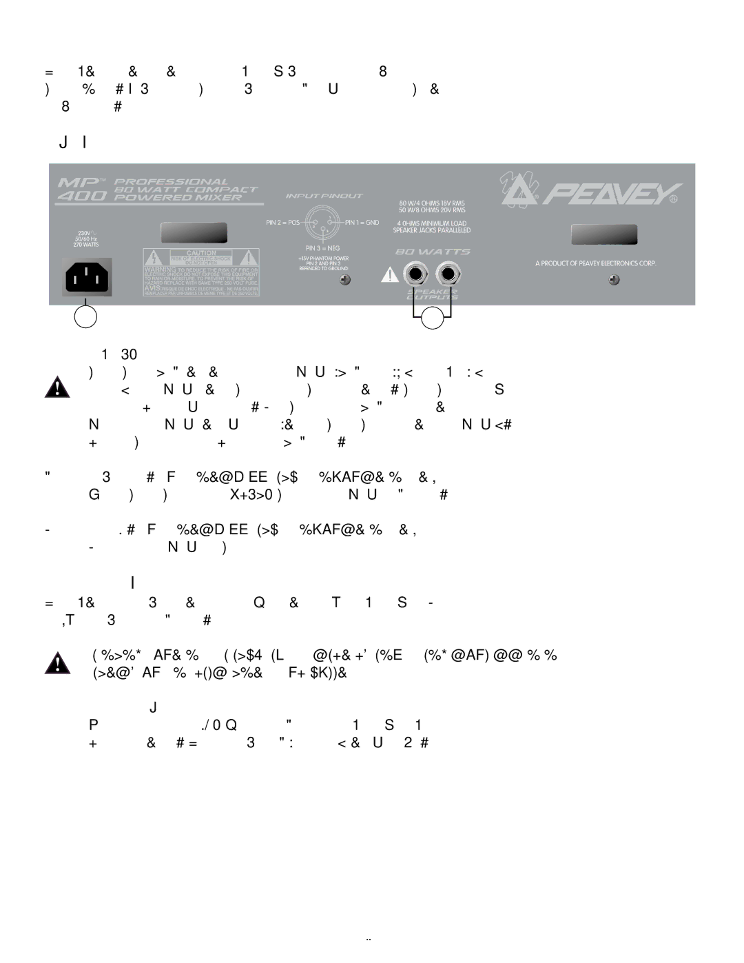 Peavey MP 400 manual Geräterückseite, Lautsprecheranschlüsse, Euro-Netzbuchse, Lautsprecherausgänge 