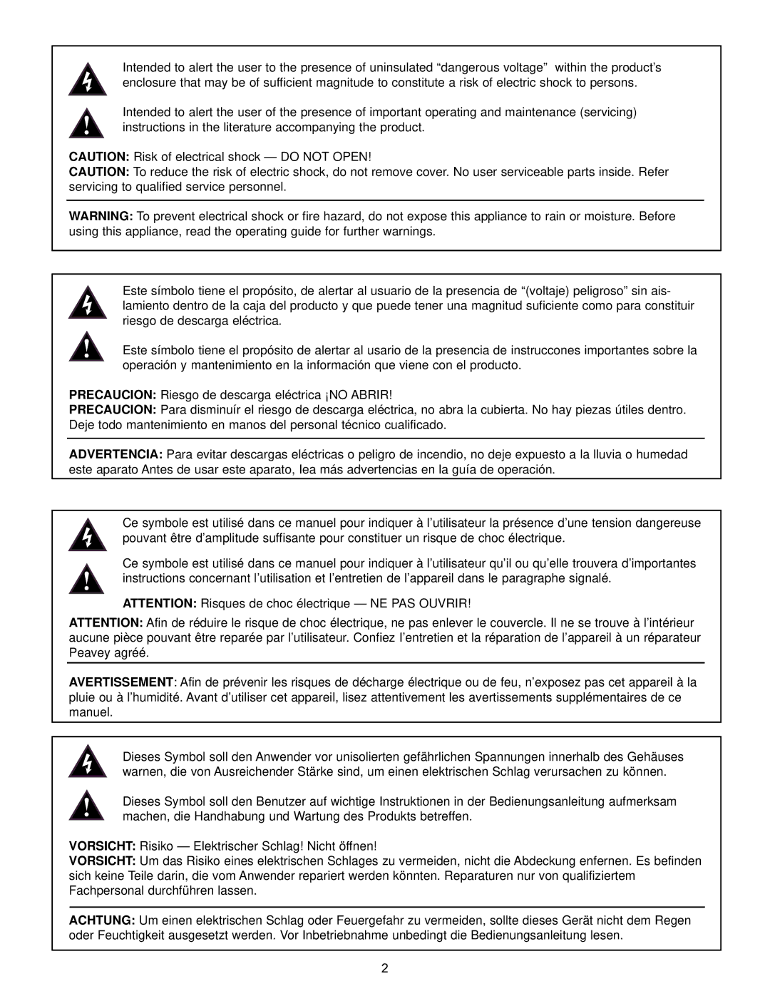 Peavey MP 400 manual PRECAUCIONRiesgo de descarga eléctrica ¡NO Abrir 