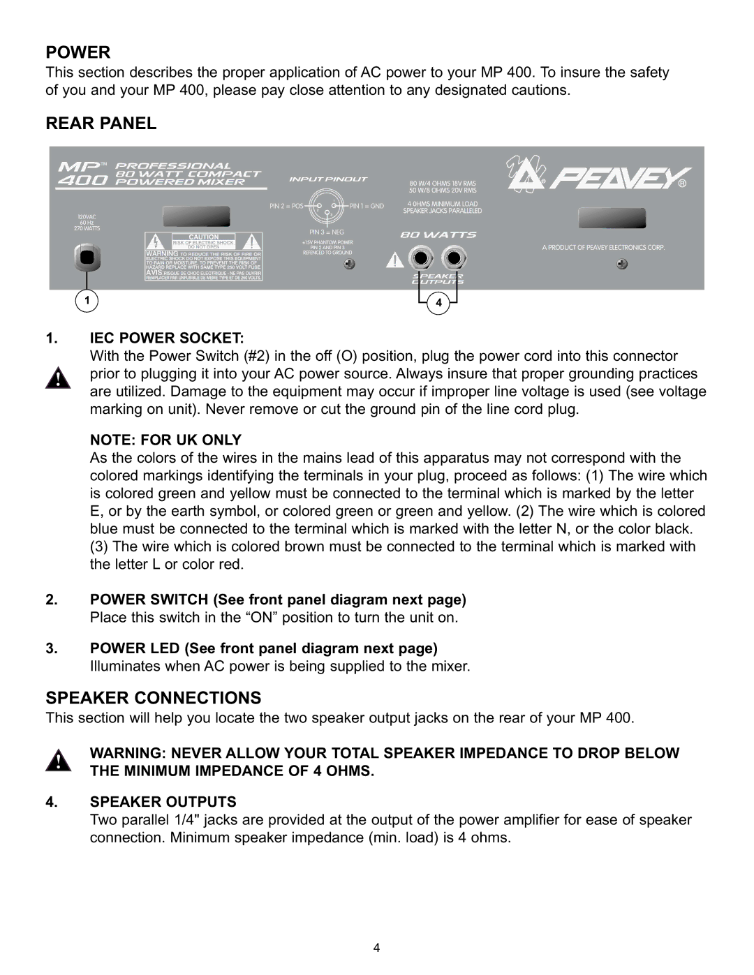 Peavey MP 400 manual Rear Panel, Speaker Connections, IEC Power Socket, Speaker Outputs 