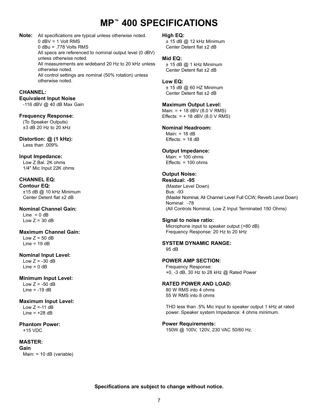 Peavey manual MP 400 Specifications 