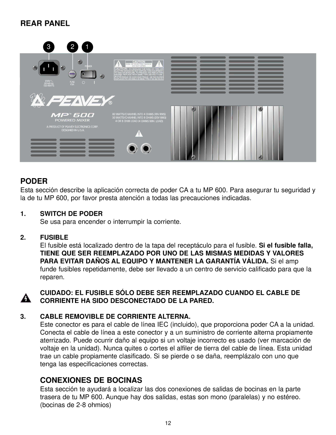 Peavey MP 600 manual Rear Panel Poder, Conexiones DE Bocinas, Switch DE Poder, Fusible 