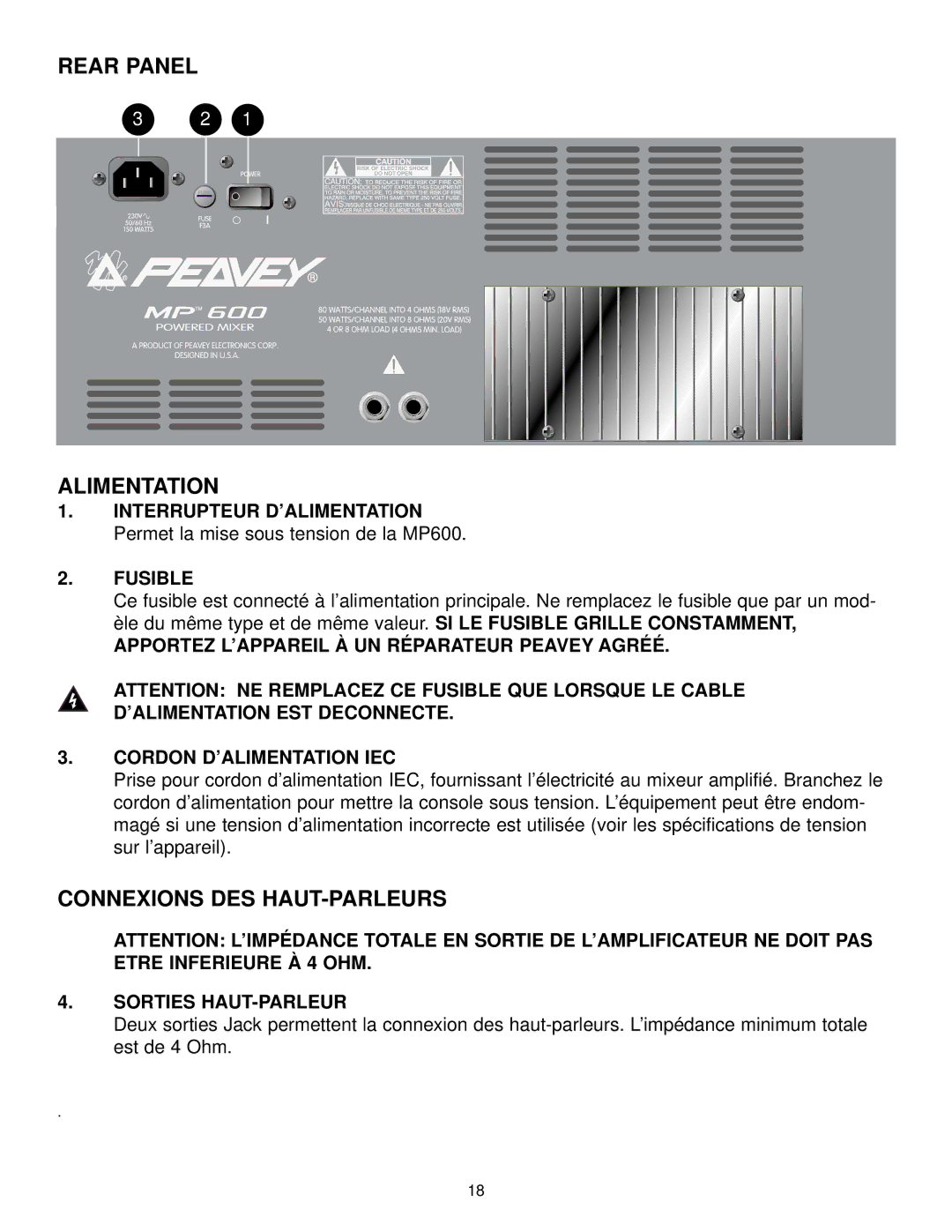 Peavey MP 600 manual Rear Panel Alimentation, Connexions DES HAUT-PARLEURS, Sorties HAUT-PARLEUR 