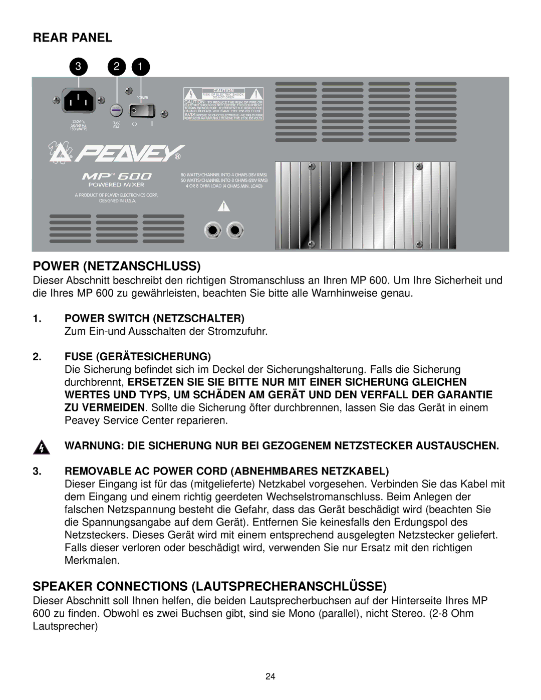 Peavey MP 600 manual Rear Panel Power Netzanschluss, Speaker Connections Lautsprecheranschlüsse, Fuse Gerätesicherung 