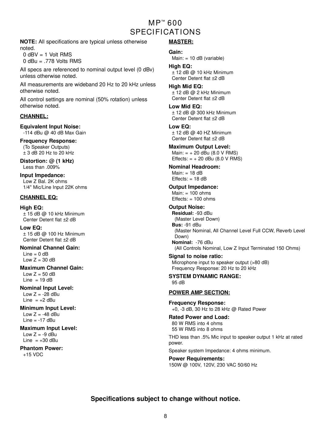 Peavey MP 600 manual Specifications, Channel 