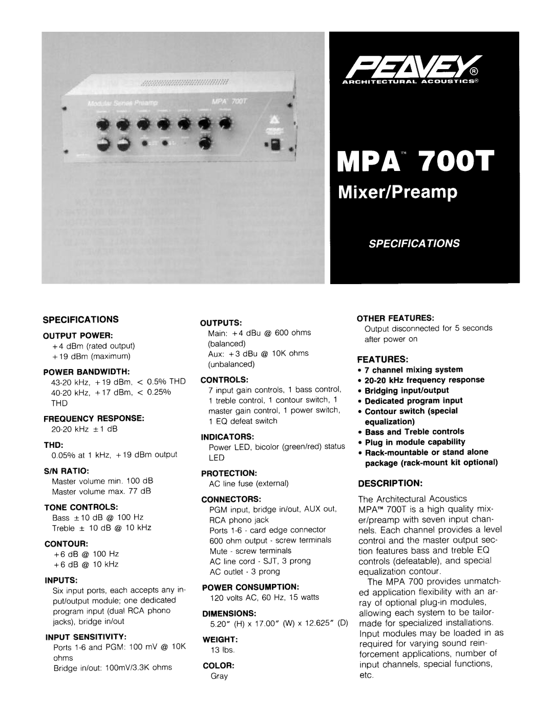 Peavey MPA 700T manual 