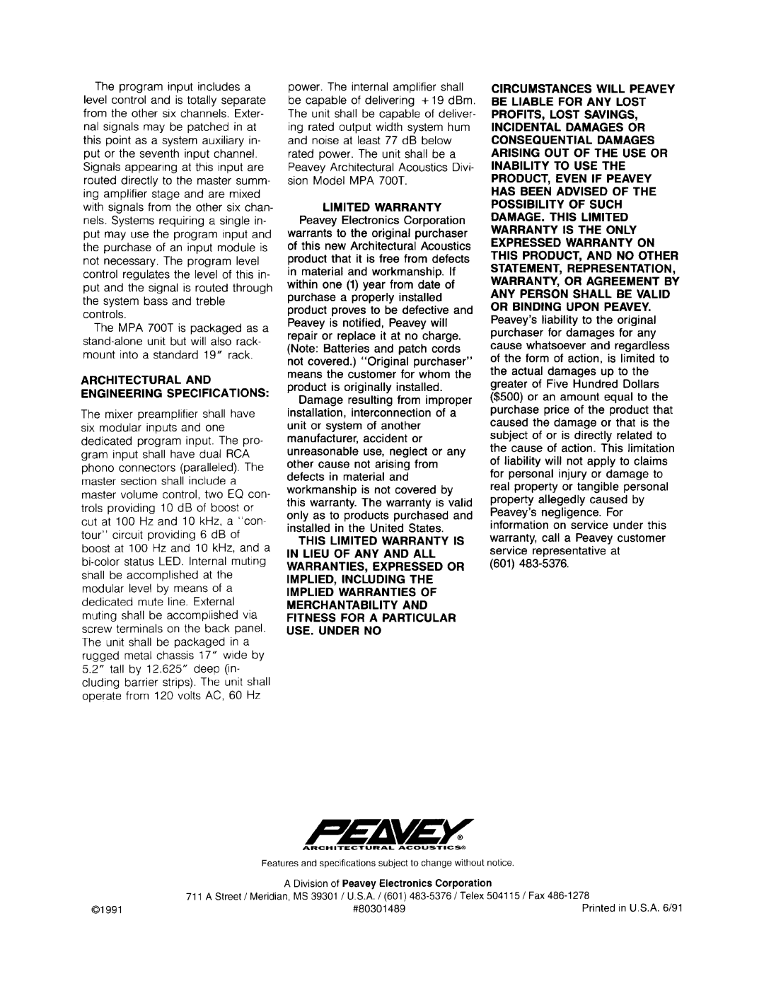 Peavey MPA 700T manual 