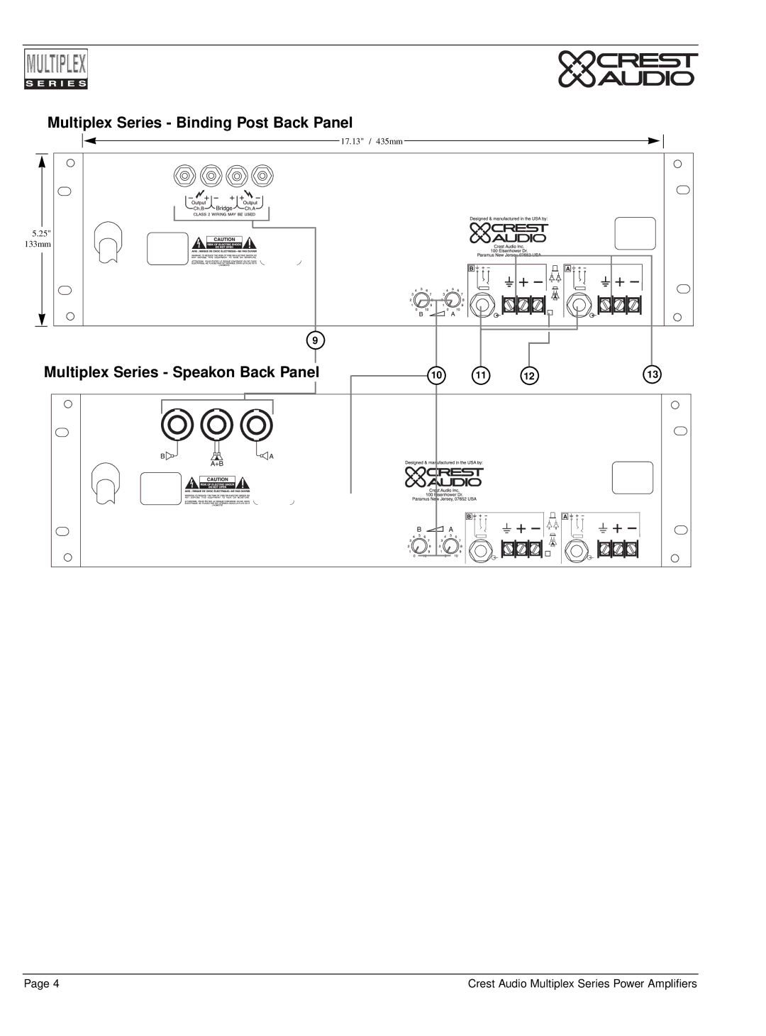 Peavey owner manual Multiplex Series Binding Post Back Panel, Multiplex Series Speakon Back Panel 