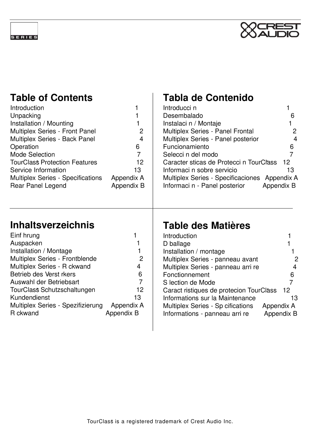 Peavey Multiplex Series owner manual Table of Contents Tabla de Contenido, Inhaltsverzeichnis Table des Matières 