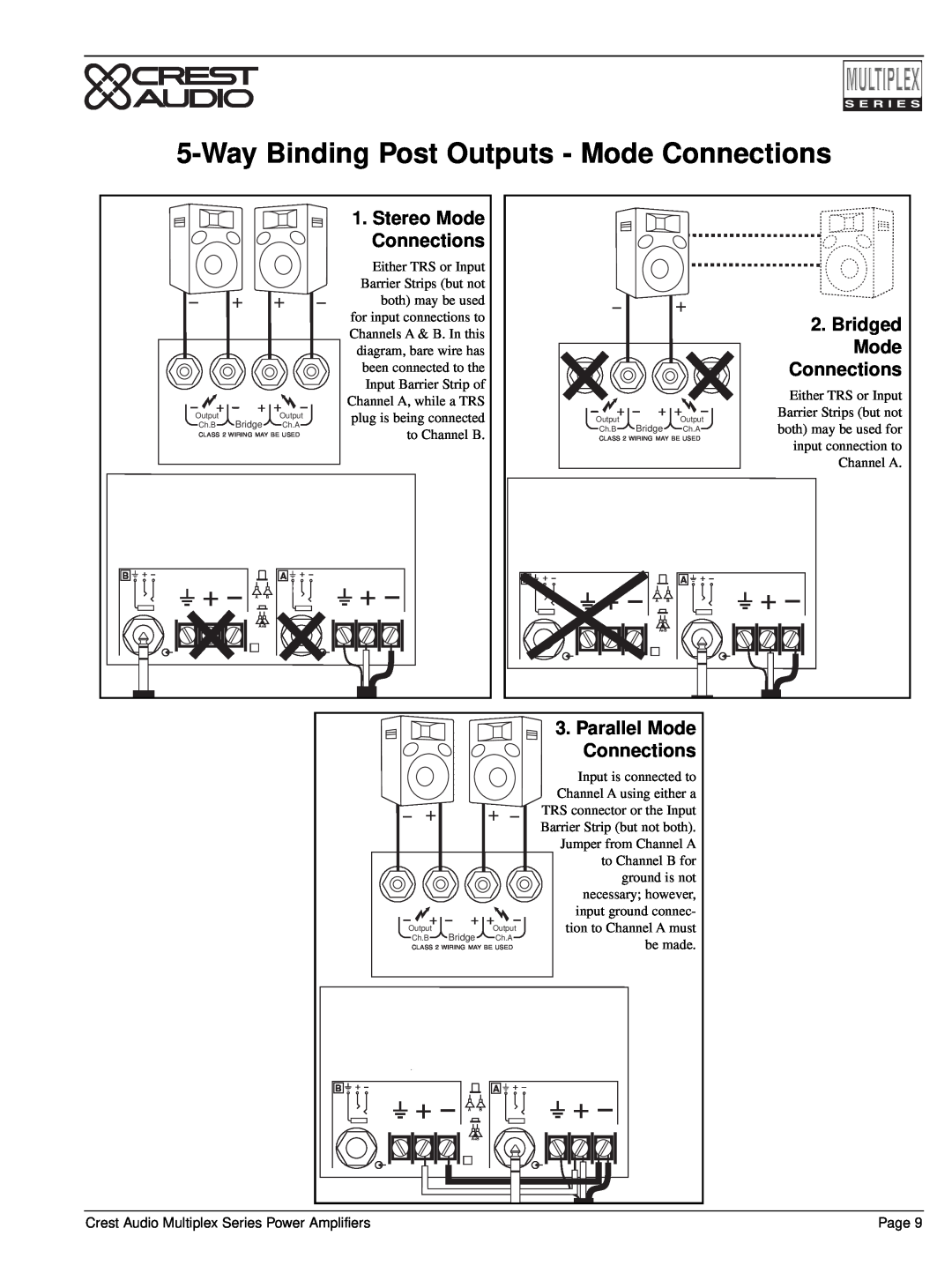 Peavey Multiplex Series WayBinding Post Outputs - Mode Connections, Stereo Mode Connections, Bridged Mode Connections 