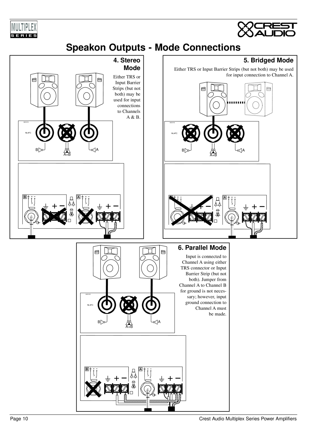 Peavey Multiplex Series owner manual Speakon Outputs - Mode Connections, Stereo Mode, Bridged Mode, Parallel Mode 