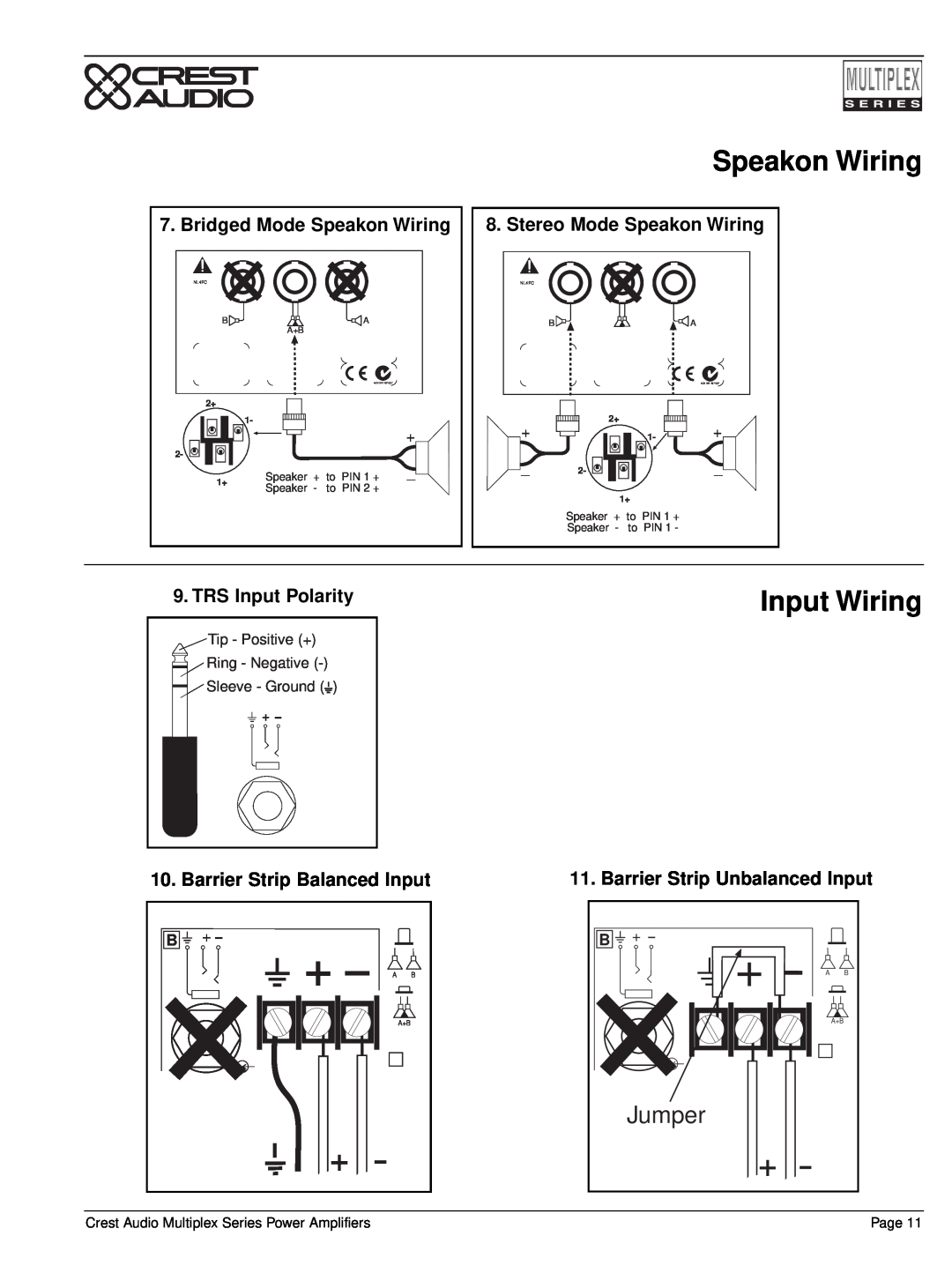 Peavey Multiplex Series Input Wiring, Bridged Mode Speakon Wiring, Stereo Mode Speakon Wiring, TRS Input Polarity, Acn 