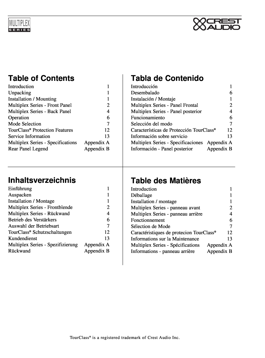 Peavey Multiplex Series owner manual Table of Contents, Tabla de Contenido, Inhaltsverzeichnis, Table des Matières 