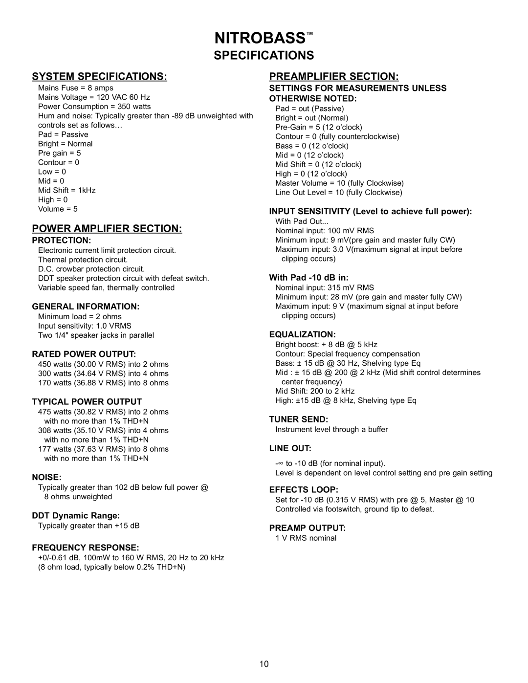 Peavey Nitrobass manual System Specifications, Power Amplifier Section, Preamplifier Section 