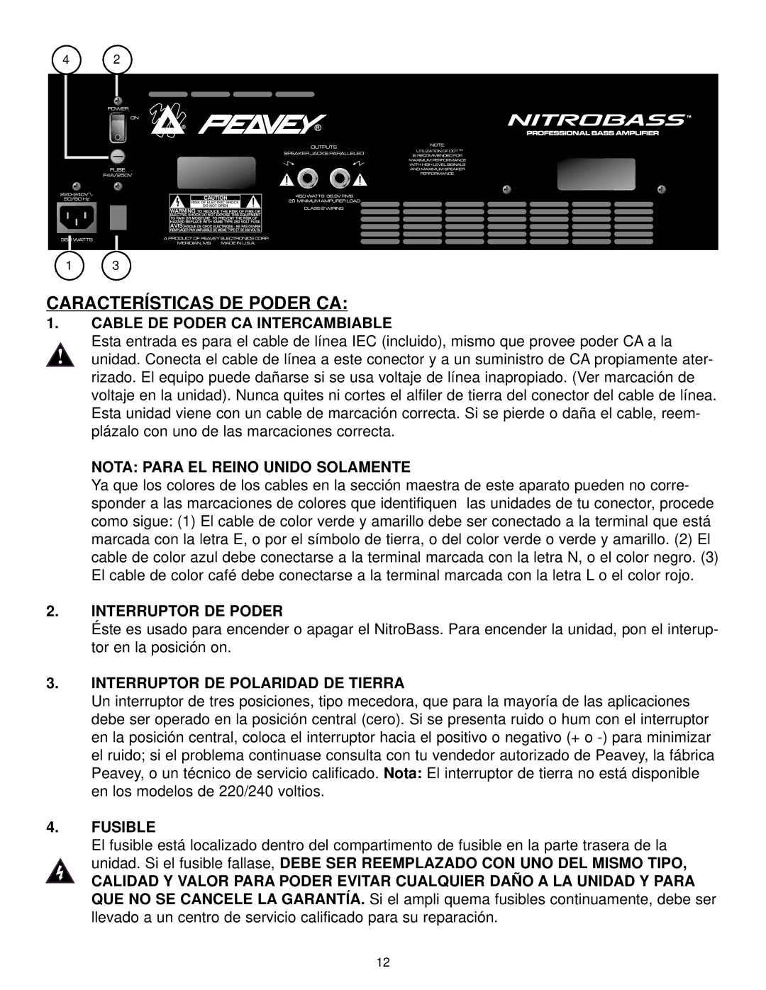 Peavey Nitrobass manual Características DE Poder CA 