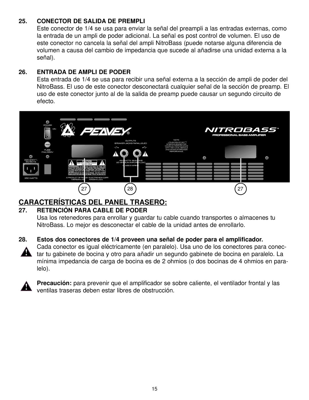 Peavey Nitrobass manual Características DEL Panel Trasero, Conector DE Salida DE Prempli, Entrada DE Ampli DE Poder 