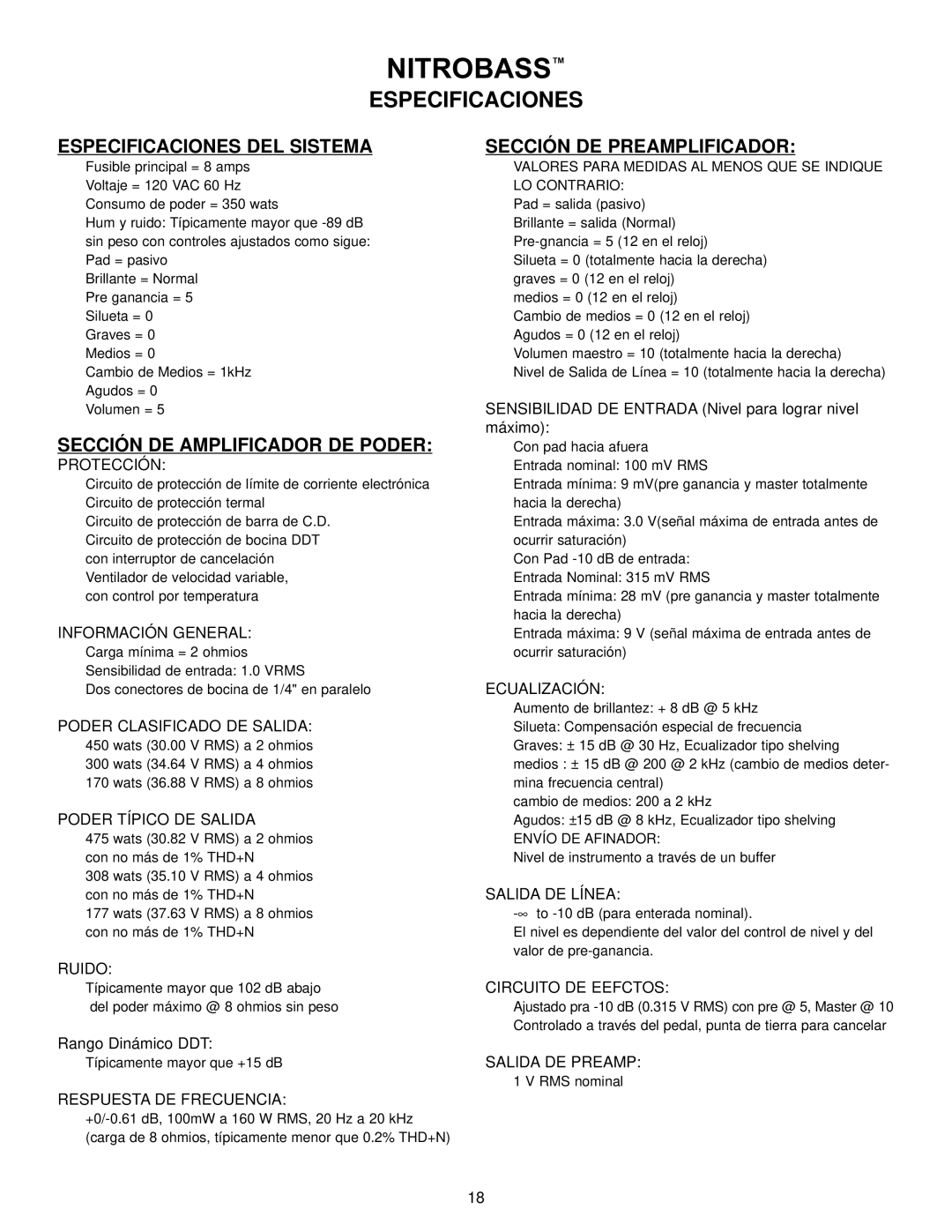 Peavey Nitrobass manual Especificaciones DEL Sistema, Sección DE Amplificador DE Poder, Sección DE Preamplificador 