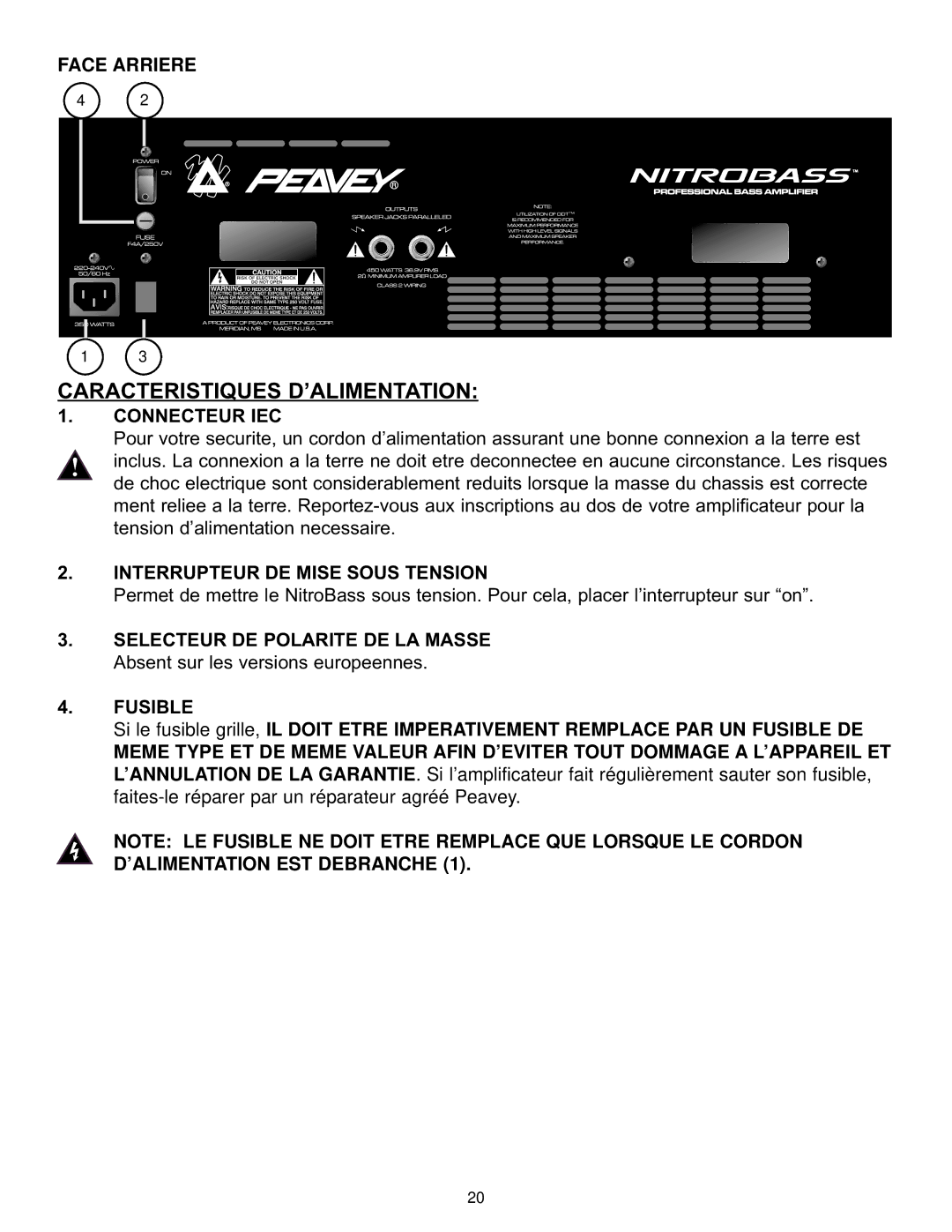 Peavey Nitrobass manual Caracteristiques D’ALIMENTATION, Face Arriere, Connecteur IEC, Interrupteur DE Mise Sous Tension 