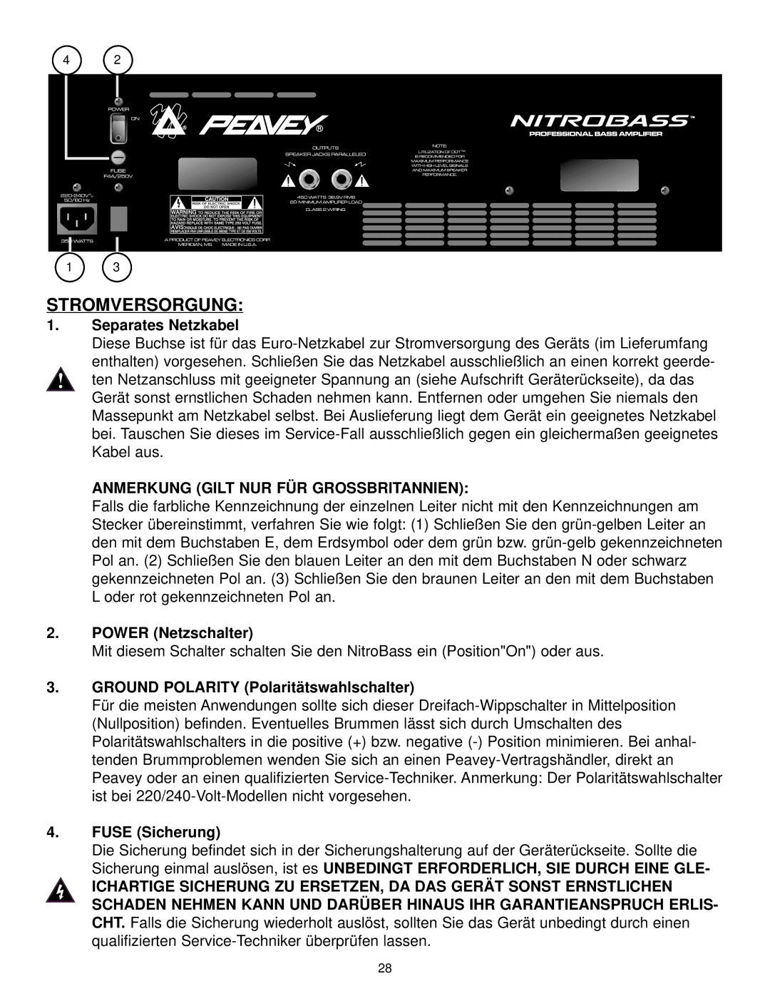 Peavey Nitrobass manual Stromversorgung, Separates Netzkabel 