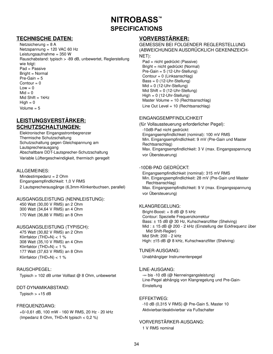 Peavey Nitrobass manual Technische Daten, Vorverstärker, Leistungsverstärker Schutzschaltungen 