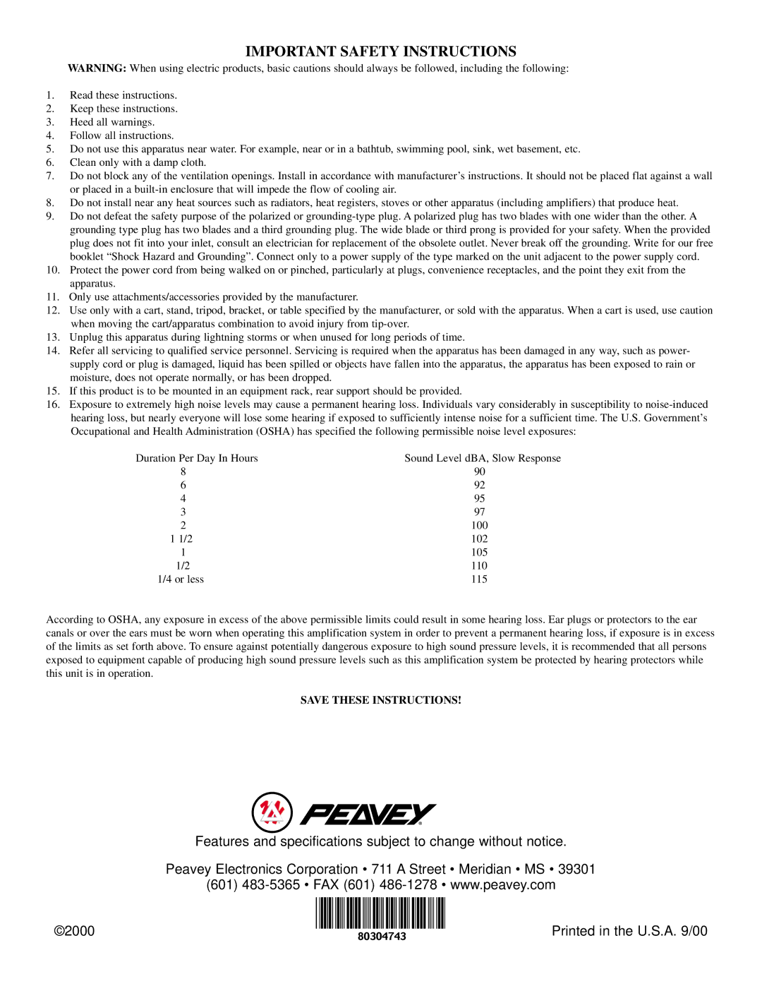 Peavey Nitrobass manual Important Safety Instructions 