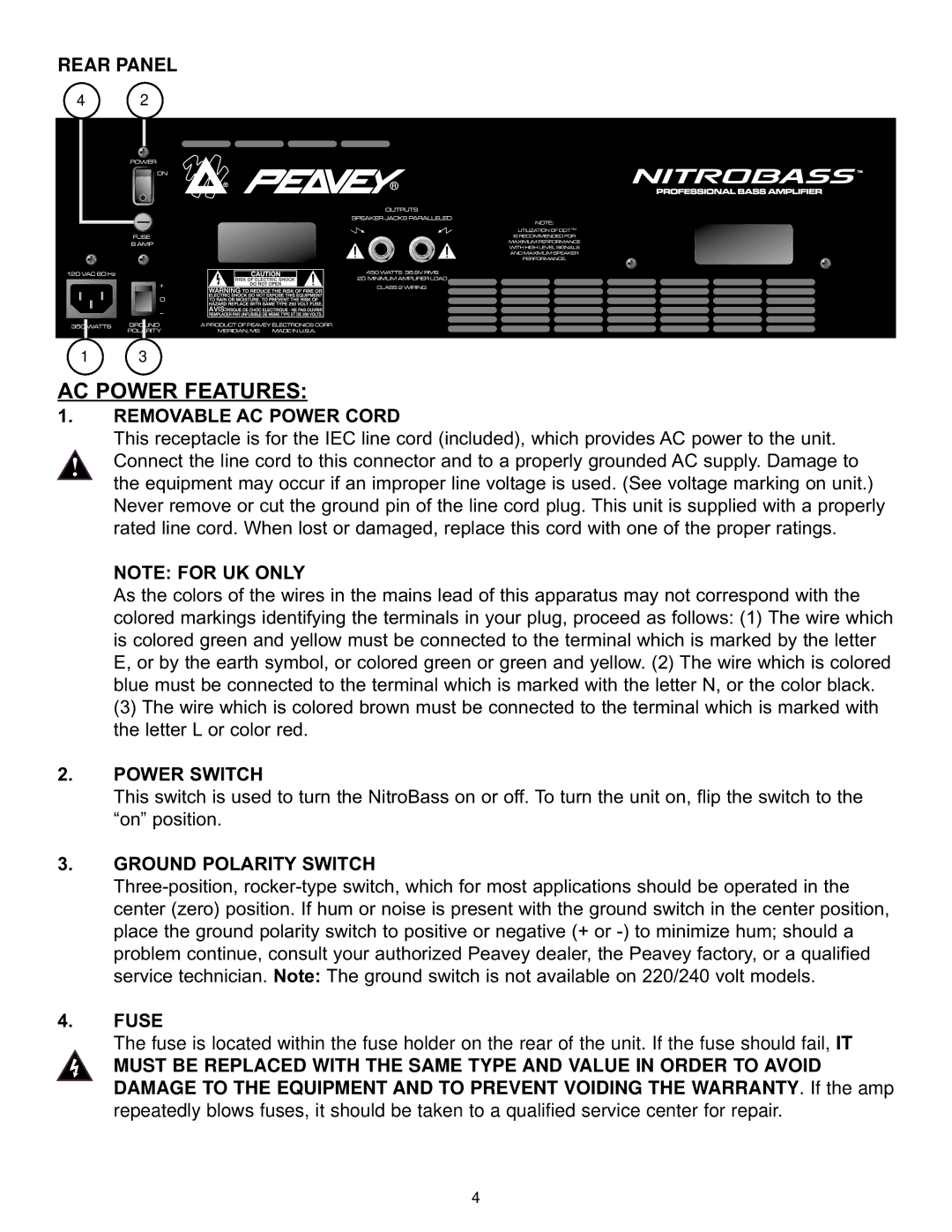 Peavey Nitrobass manual AC Power Features 