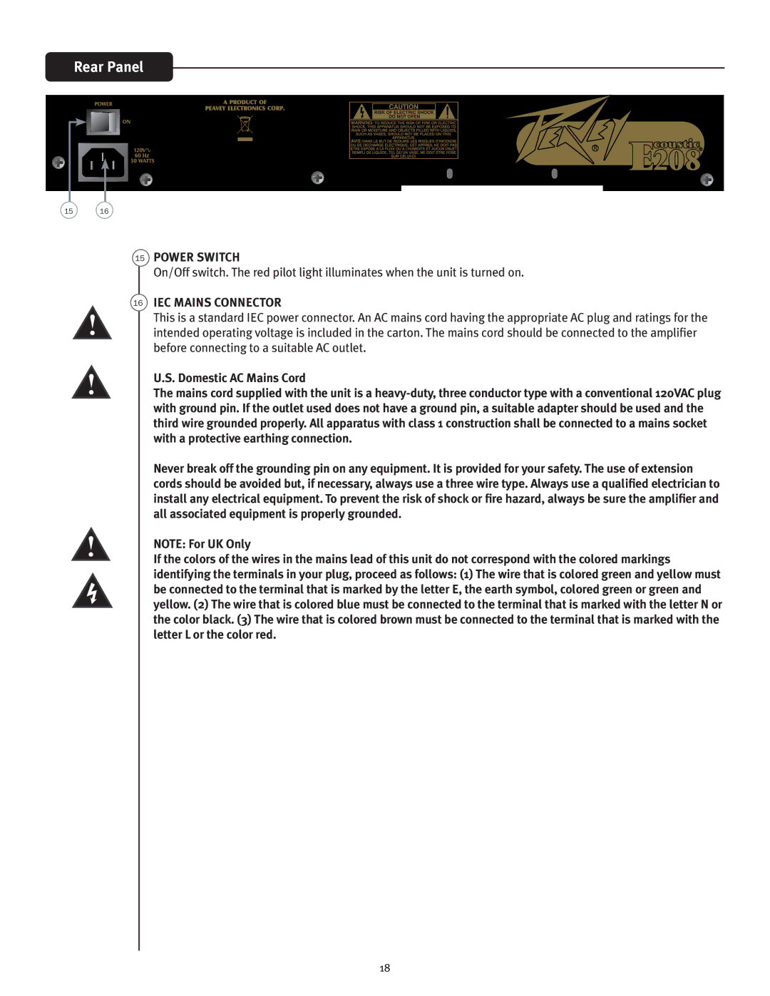 Peavey not available manual Rear Panel, Power Switch, IEC Mains Connector 