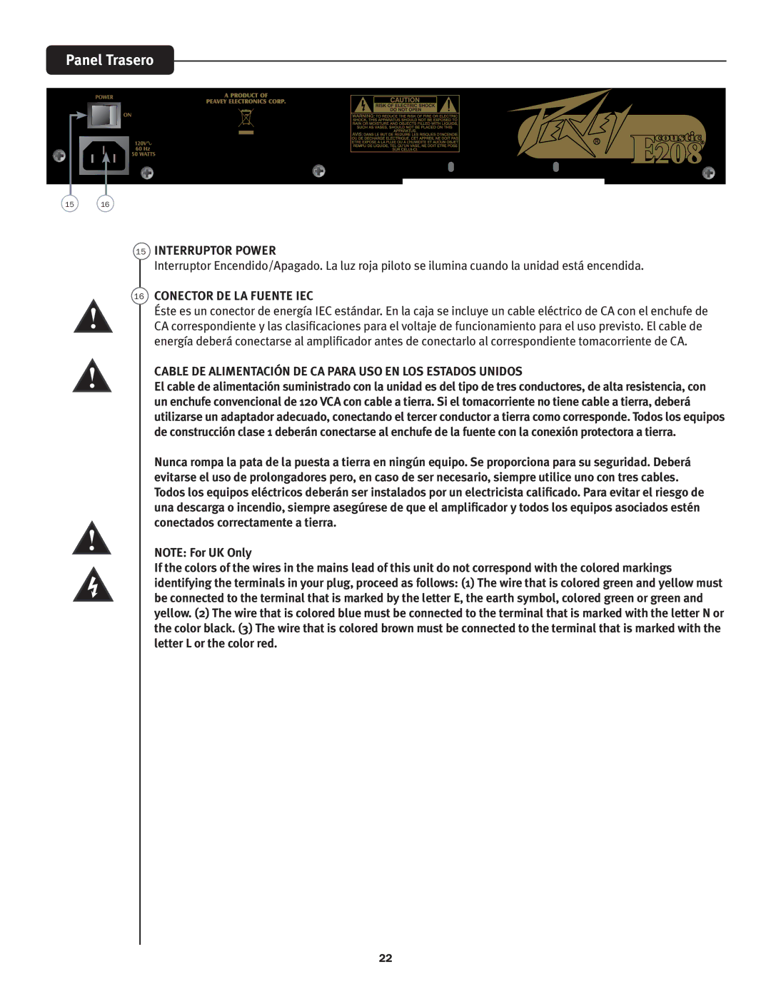 Peavey not available manual Panel Trasero, Interruptor Power, Conector DE LA Fuente IEC 