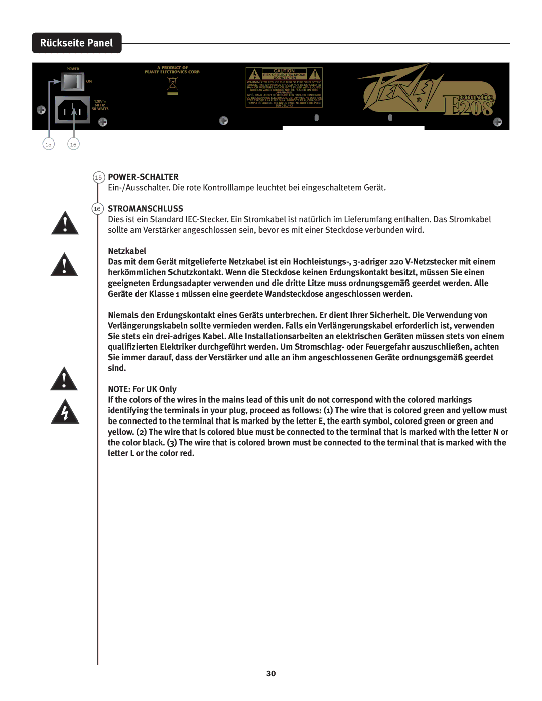 Peavey not available manual Rückseite Panel, Power-Schalter, Stromanschluss, Netzkabel 