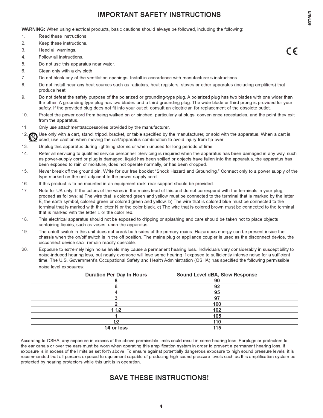 Peavey not available manual Important Safety Instructions, ⁄4 or less 