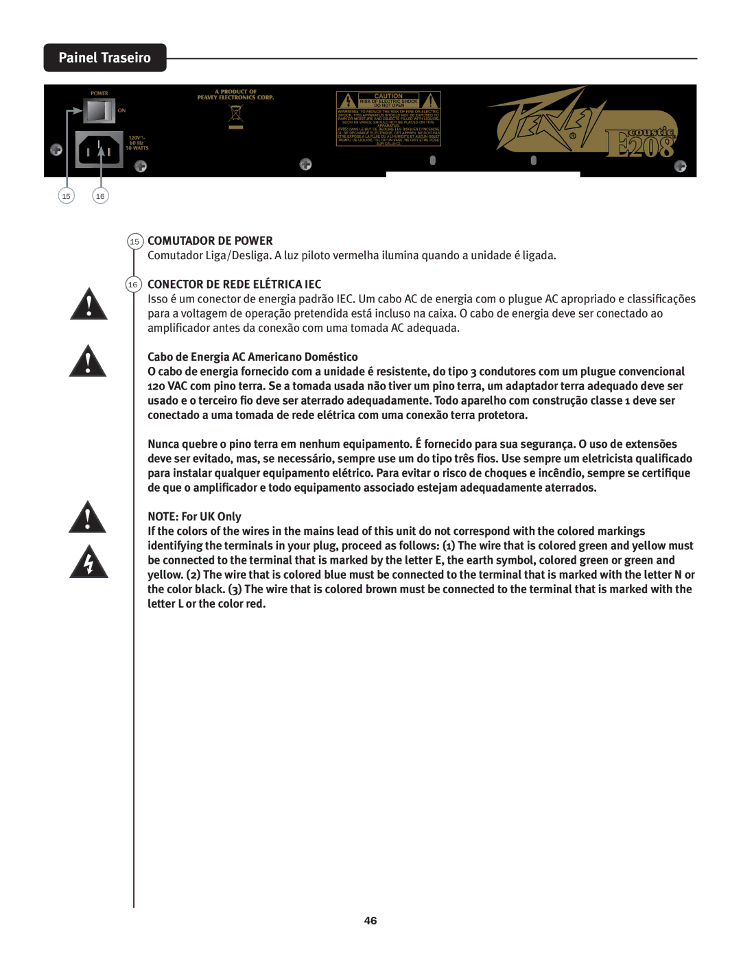 Peavey not available manual Painel Traseiro, Comutador DE Power, Conector DE Rede Elétrica IEC 