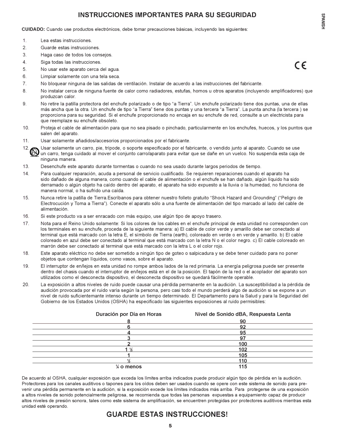 Peavey not available manual Guarde Estas Instrucciones, Instrucciones Importantes Para SU Seguridad 