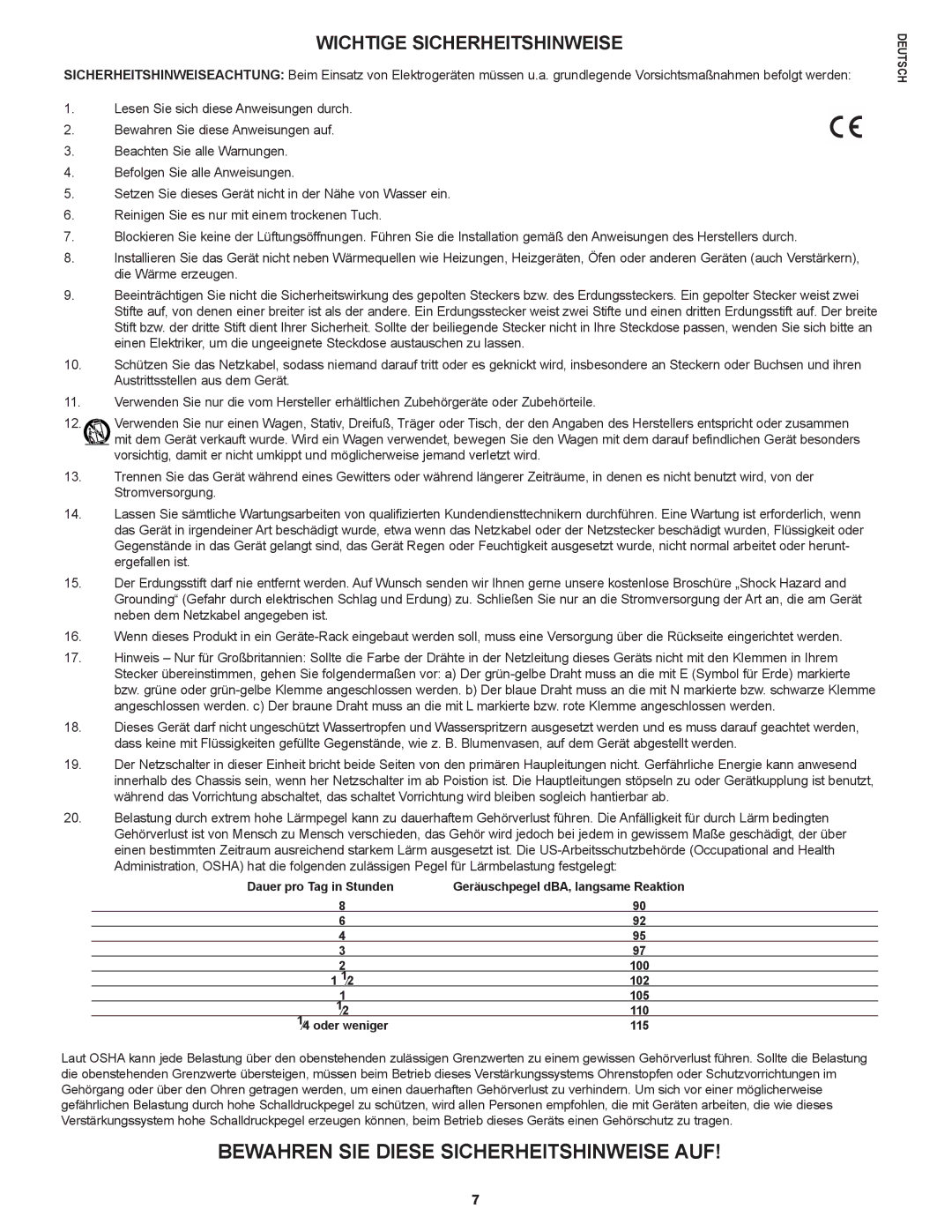 Peavey not available manual Bewahren SIE Diese Sicherheitshinweise AUF, Wichtige Sicherheitshinweise 